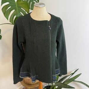 HWR Anthropolgie Wool Blend Plaid Peplum Zip Front Jacket Dark Green Medium